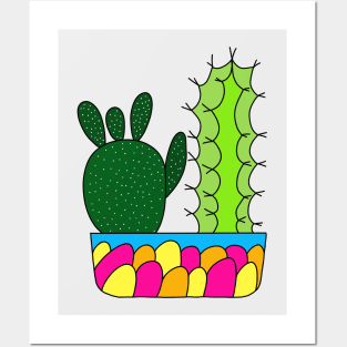 Cute Cactus Design #91: 2 Cacti Types In A Colorful Pot Posters and Art